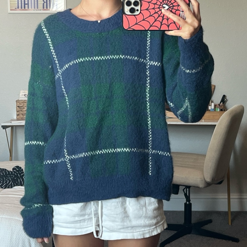 SO Navy and Forest Plaid Sweater